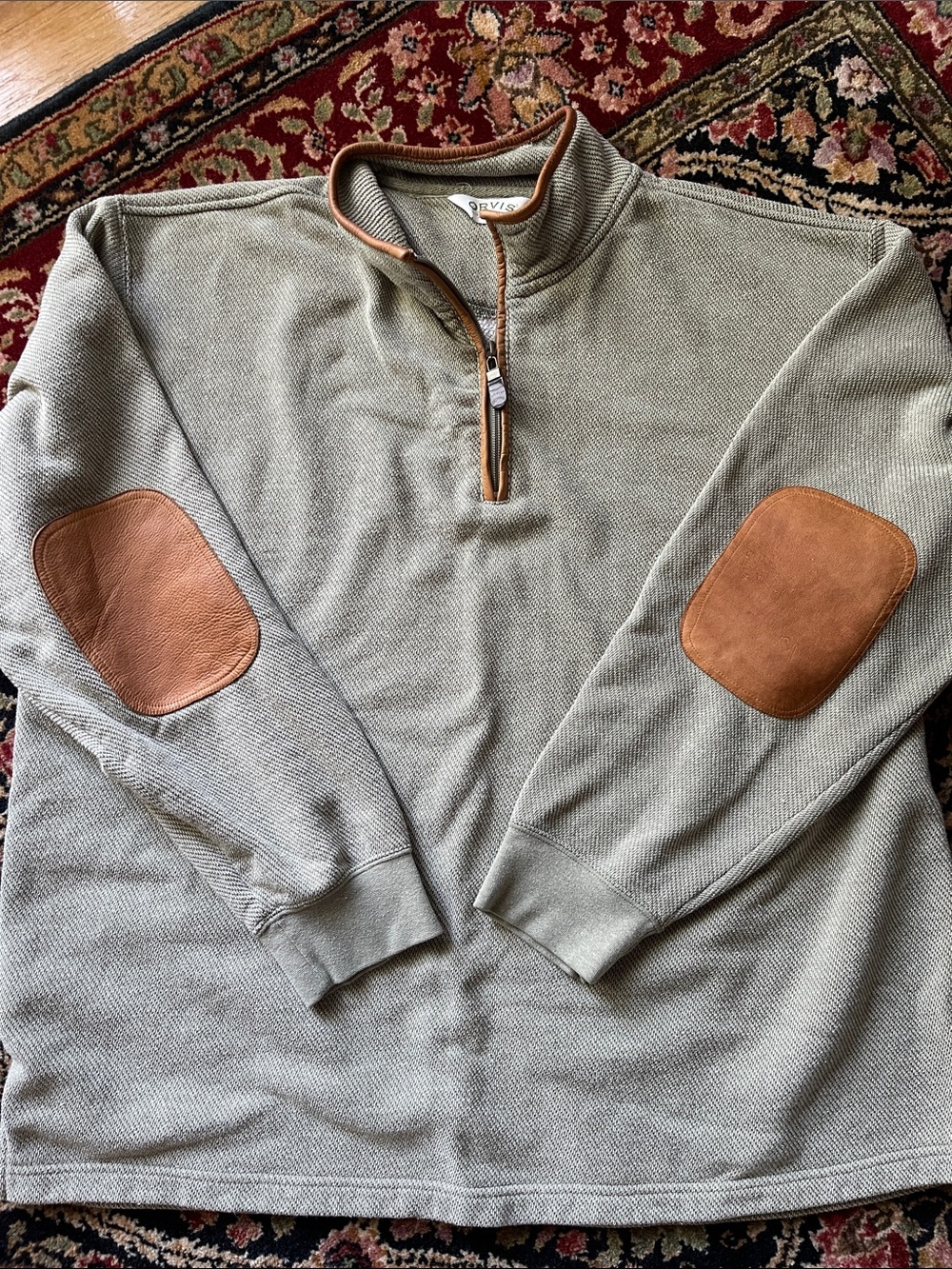 Orvis Olive Green Quarter-Zip Sweater with Leather Tan Elbow Patches XXL